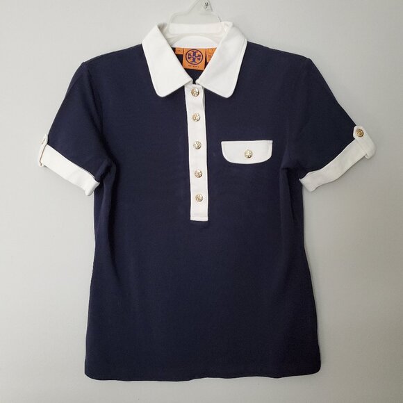 Tory Burch Silk-blend Navy Polo Shirt - Picture 1 of 8